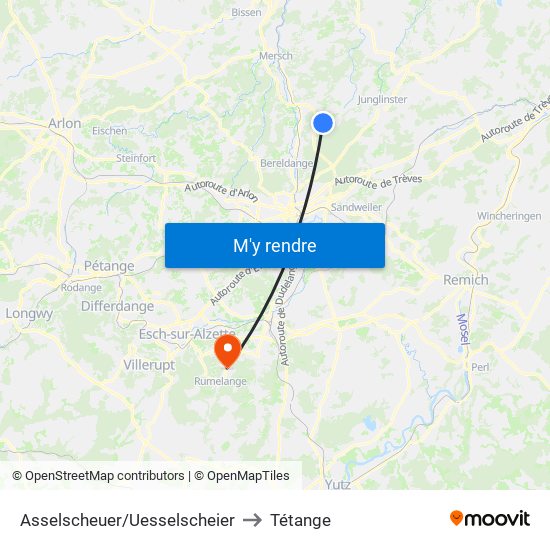 Asselscheuer/Uesselscheier to Tétange map