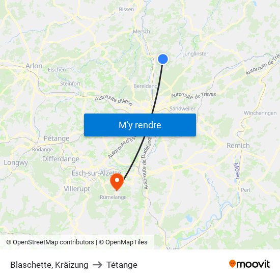Blaschette, Kräizung to Tétange map