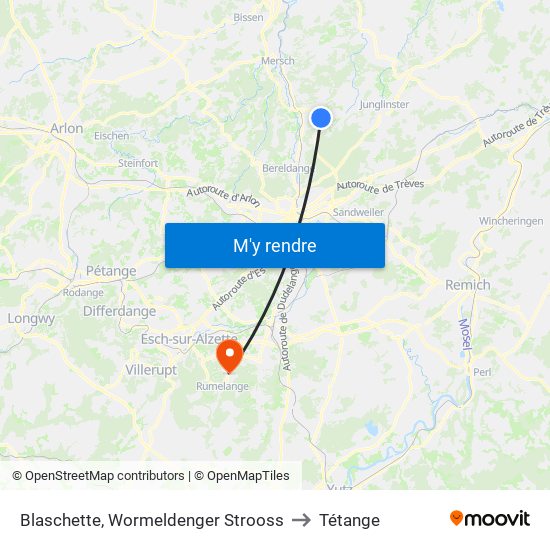 Blaschette, Wormeldenger Strooss to Tétange map