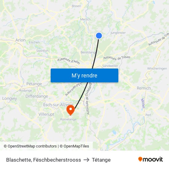 Blaschette, Fëschbecherstrooss to Tétange map