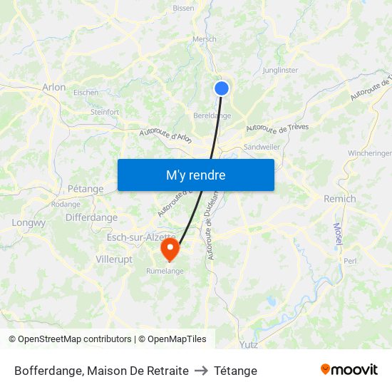 Bofferdange, Maison De Retraite to Tétange map