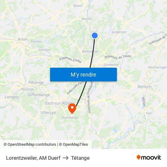 Lorentzweiler, AM Duerf to Tétange map