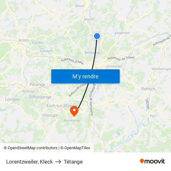 Lorentzweiler, Kleck to Tétange map