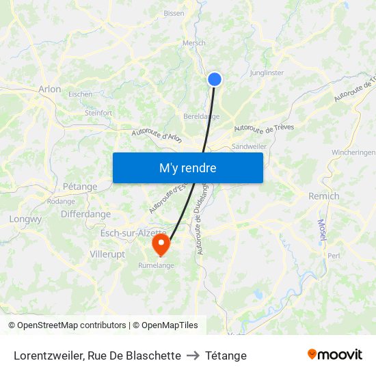 Lorentzweiler, Rue De Blaschette to Tétange map