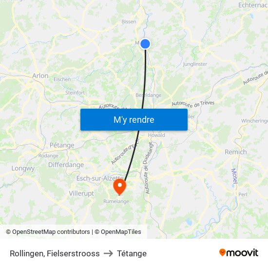 Rollingen, Fielserstrooss to Tétange map