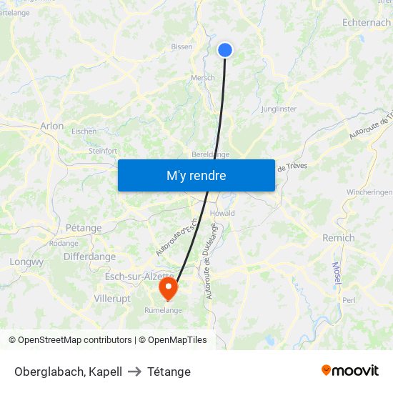 Oberglabach, Kapell to Tétange map