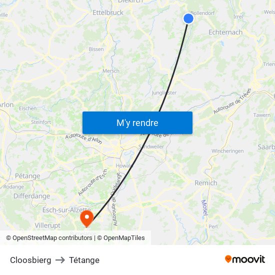 Cloosbierg to Tétange map
