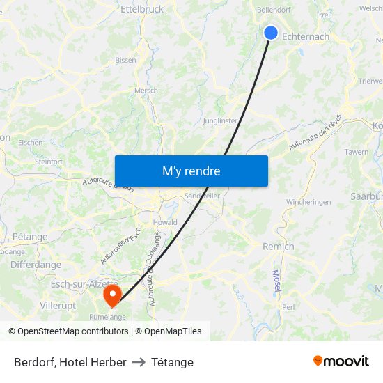 Berdorf, Hotel Herber to Tétange map