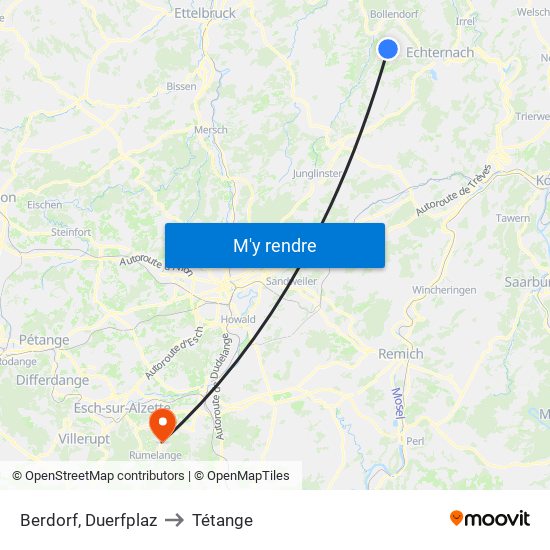 Berdorf, Duerfplaz to Tétange map