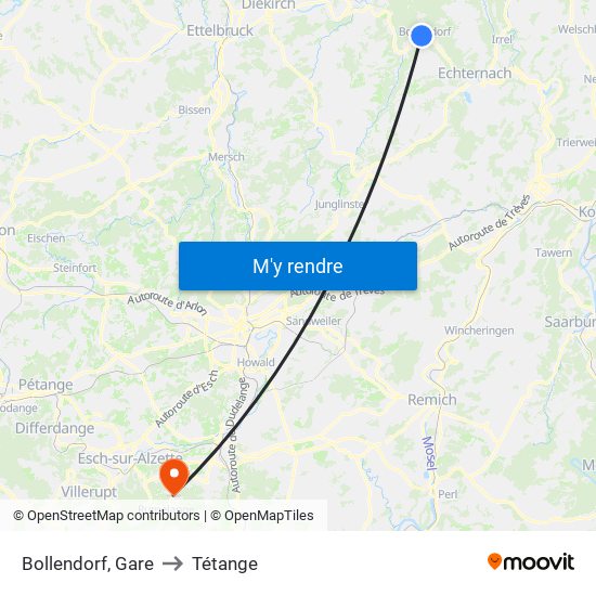 Bollendorf, Gare to Tétange map