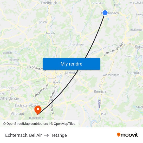 Echternach, Bel Air to Tétange map