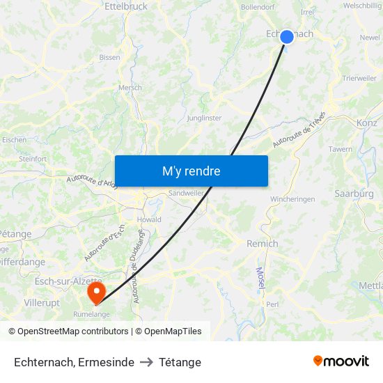 Echternach, Ermesinde to Tétange map