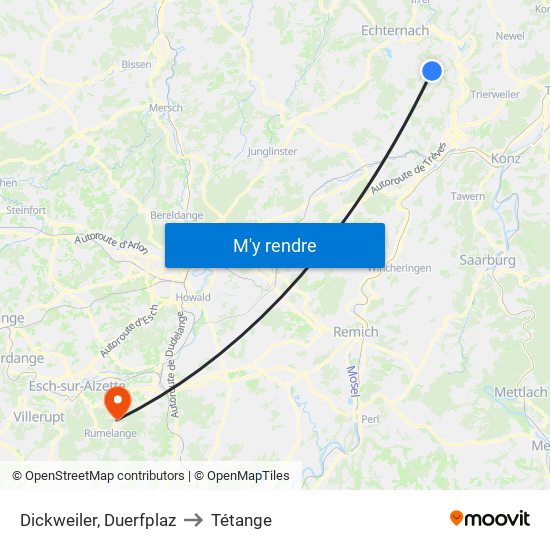 Dickweiler, Duerfplaz to Tétange map