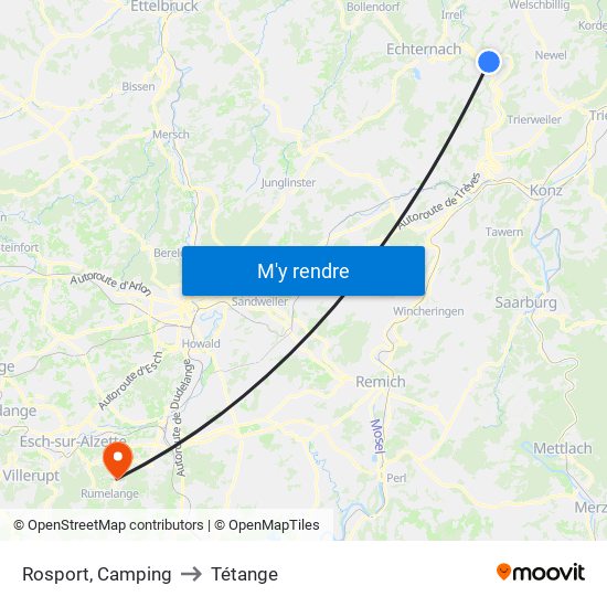 Rosport, Camping to Tétange map
