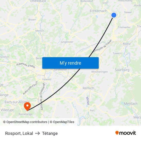 Rosport, Lokal to Tétange map