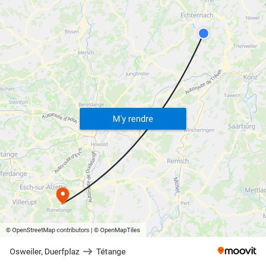 Osweiler, Duerfplaz to Tétange map