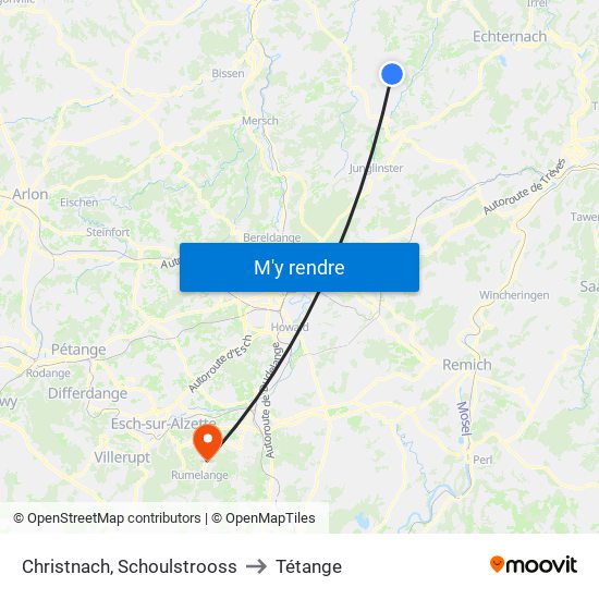 Christnach, Schoulstrooss to Tétange map