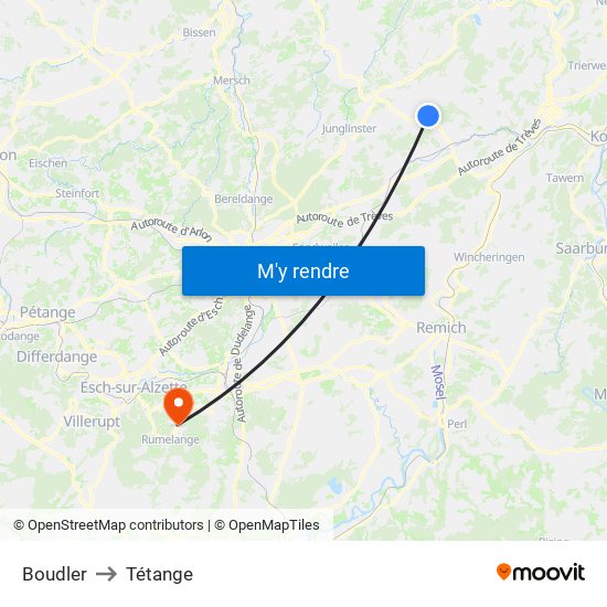 Boudler to Tétange map