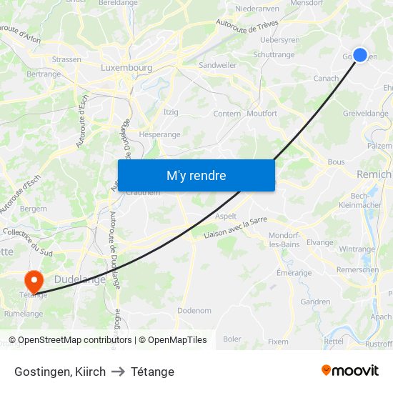 Gostingen, Kiirch to Tétange map