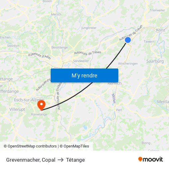 Grevenmacher, Copal to Tétange map