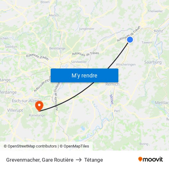 Grevenmacher, Gare Routière to Tétange map