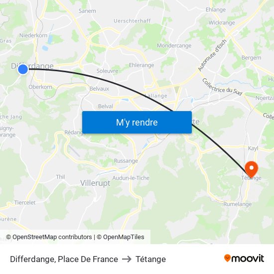 Differdange, Place De France to Tétange map