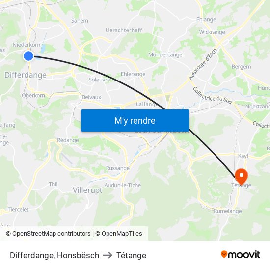 Differdange, Honsbësch to Tétange map