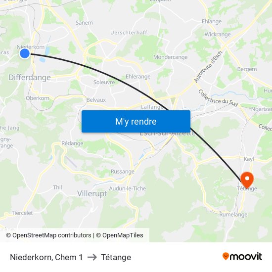 Niederkorn, Chem 1 to Tétange map