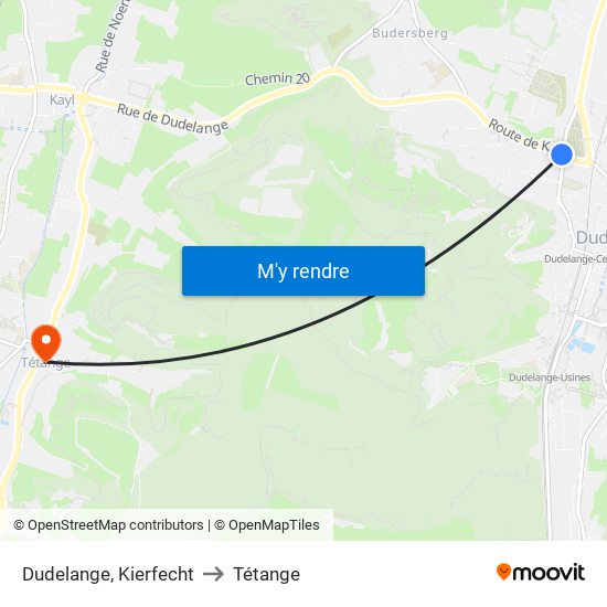 Dudelange, Kierfecht to Tétange map