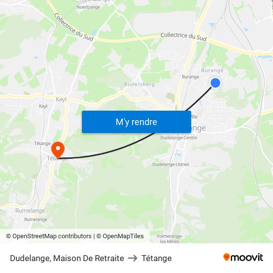 Dudelange, Maison De Retraite to Tétange map