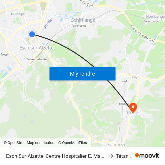 Esch-Sur-Alzette, Centre Hospitalier E. Mayrisch to Tétange map