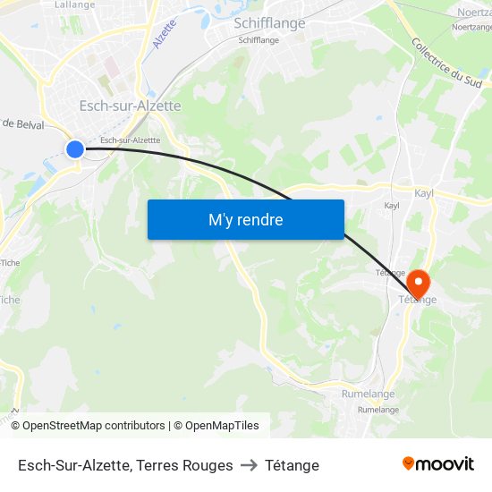 Esch-Sur-Alzette, Terres Rouges to Tétange map