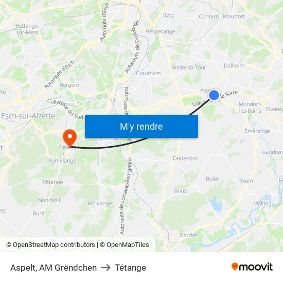 Aspelt, AM Grëndchen to Tétange map