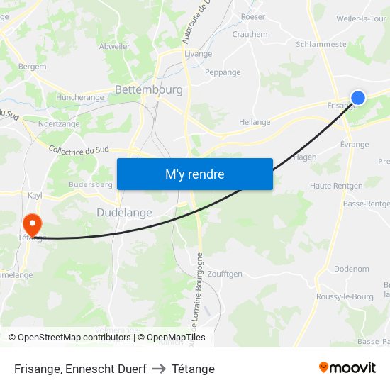 Frisange, Ennescht Duerf to Tétange map