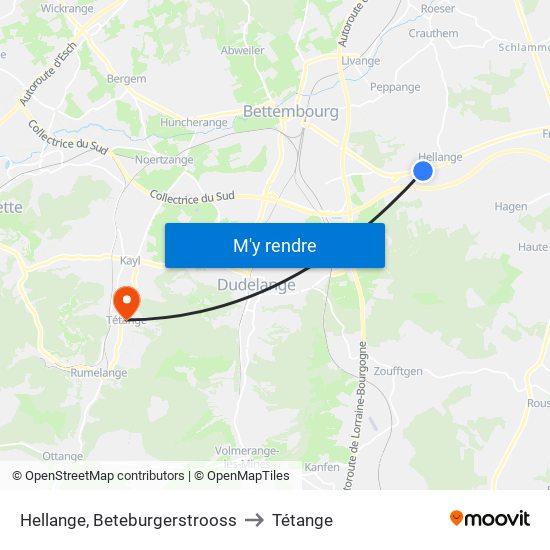 Hellange, Beteburgerstrooss to Tétange map