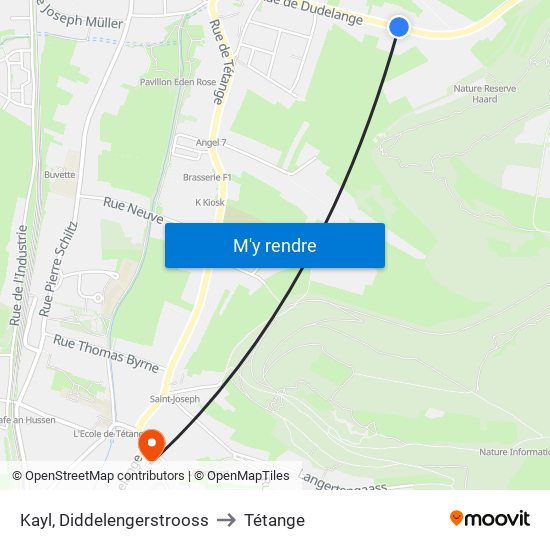 Kayl, Diddelengerstrooss to Tétange map