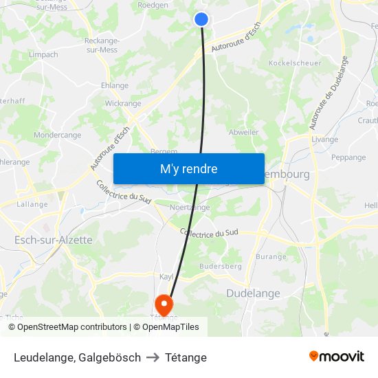 Leudelange, Galgebösch to Tétange map