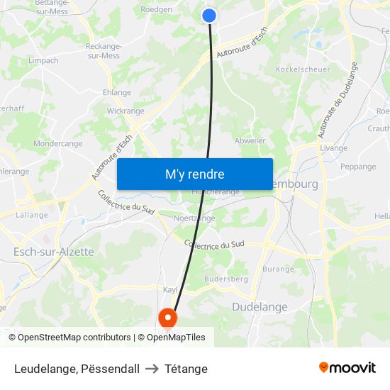 Leudelange, Pëssendall to Tétange map