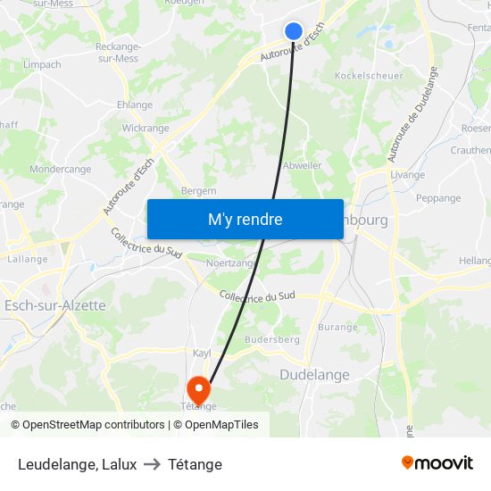 Leudelange, Lalux to Tétange map