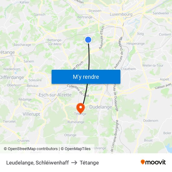 Leudelange, Schléiwenhaff to Tétange map