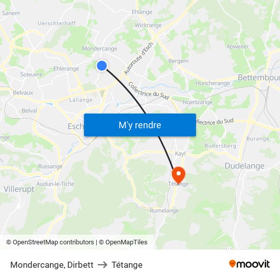 Mondercange, Dirbett to Tétange map