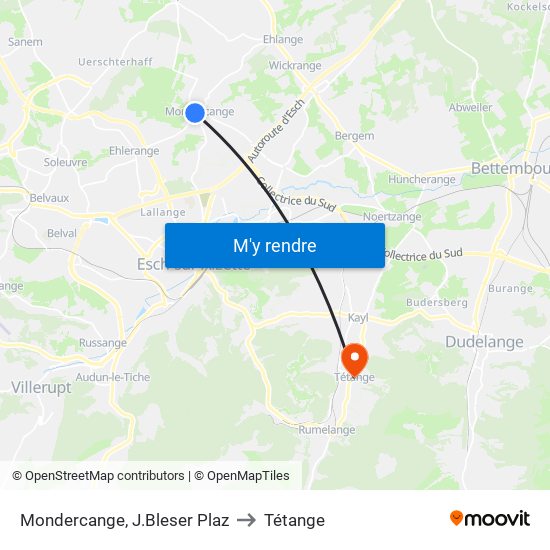 Mondercange, J.Bleser Plaz to Tétange map