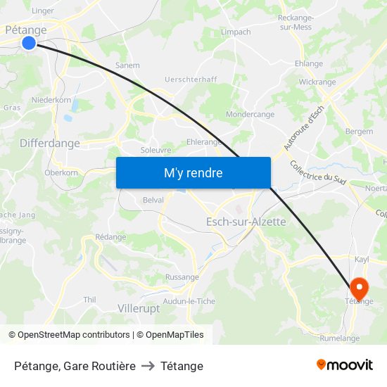 Pétange, Gare Routière to Tétange map