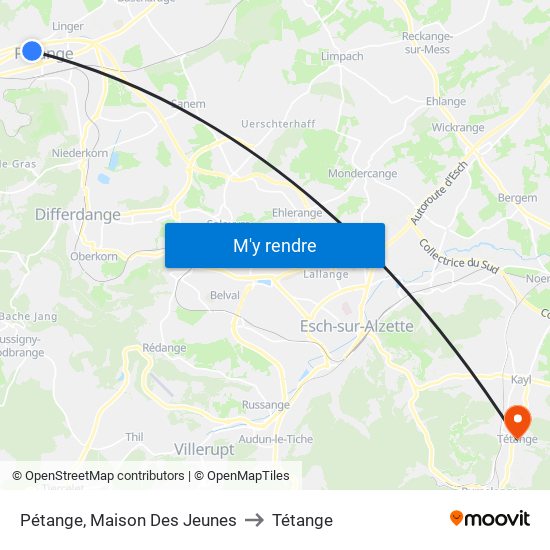Pétange, Maison Des Jeunes to Tétange map