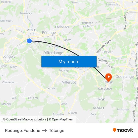 Rodange, Fonderie to Tétange map