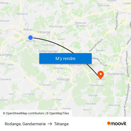 Rodange, Gendarmerie to Tétange map