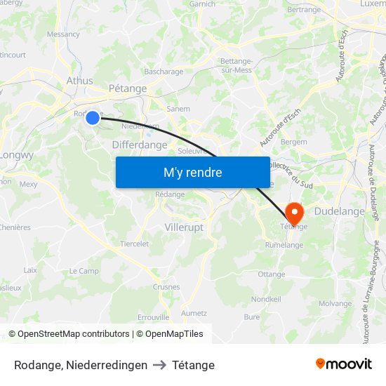 Rodange, Niederredingen to Tétange map
