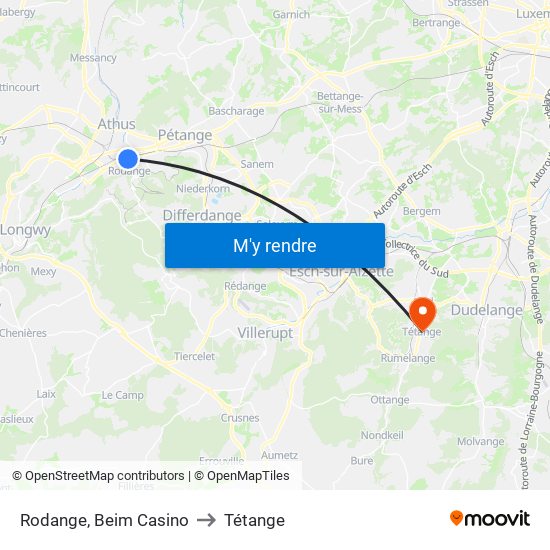 Rodange, Beim Casino to Tétange map
