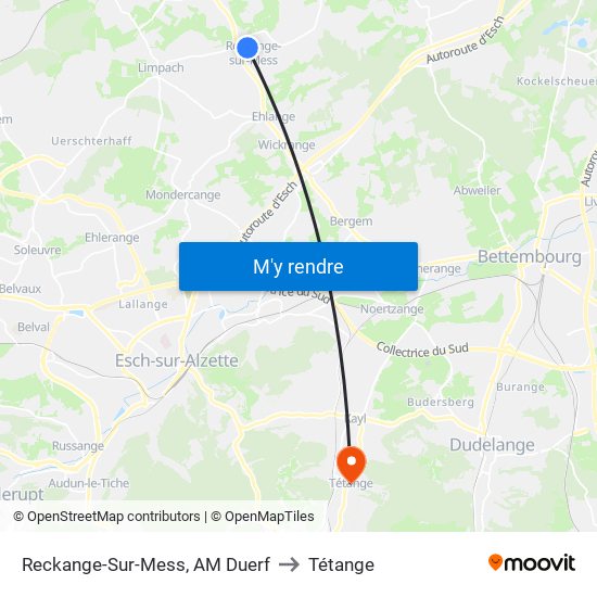 Reckange-Sur-Mess, AM Duerf to Tétange map