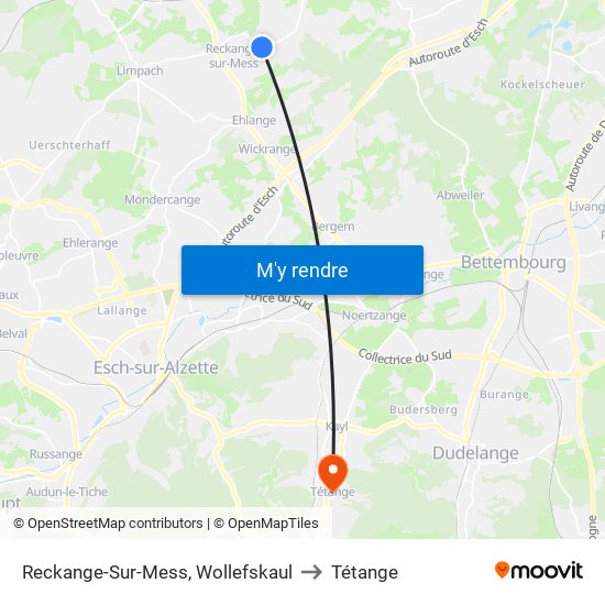 Reckange-Sur-Mess, Wollefskaul to Tétange map